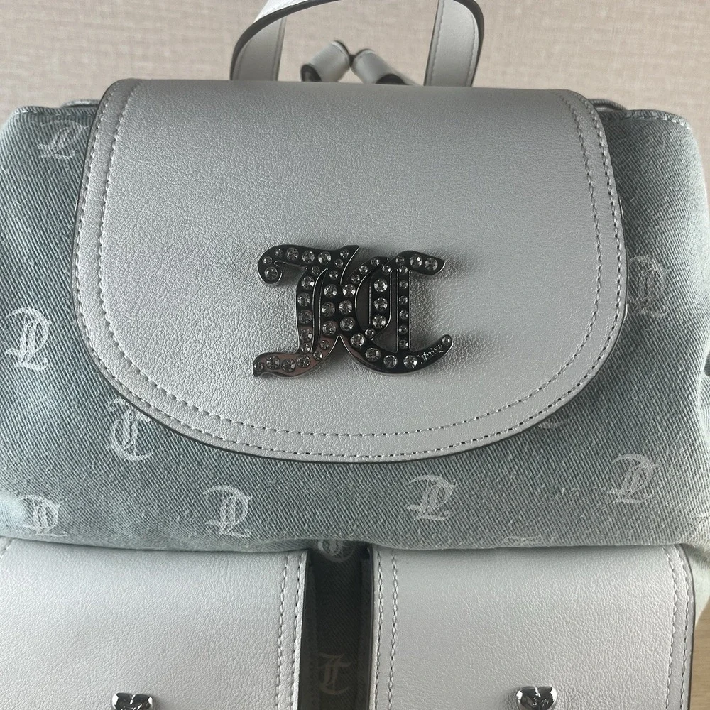 Juicy Couture Denim Monogram Back To Class Backpack RhinestoneLogo WhiteTrim NWT